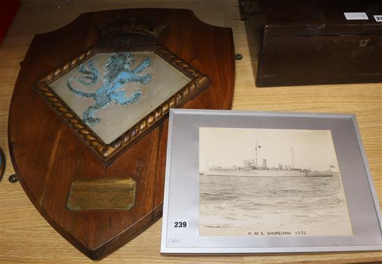 A large ships crest presented by The Lord Commissioner of The Admiralty to Shoreham-By-Sea